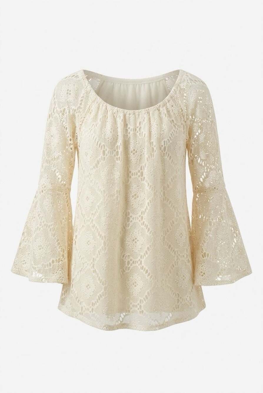 Miss Me by Southern Fashion House Ivory Crochet Lace Bell Sleeve Top